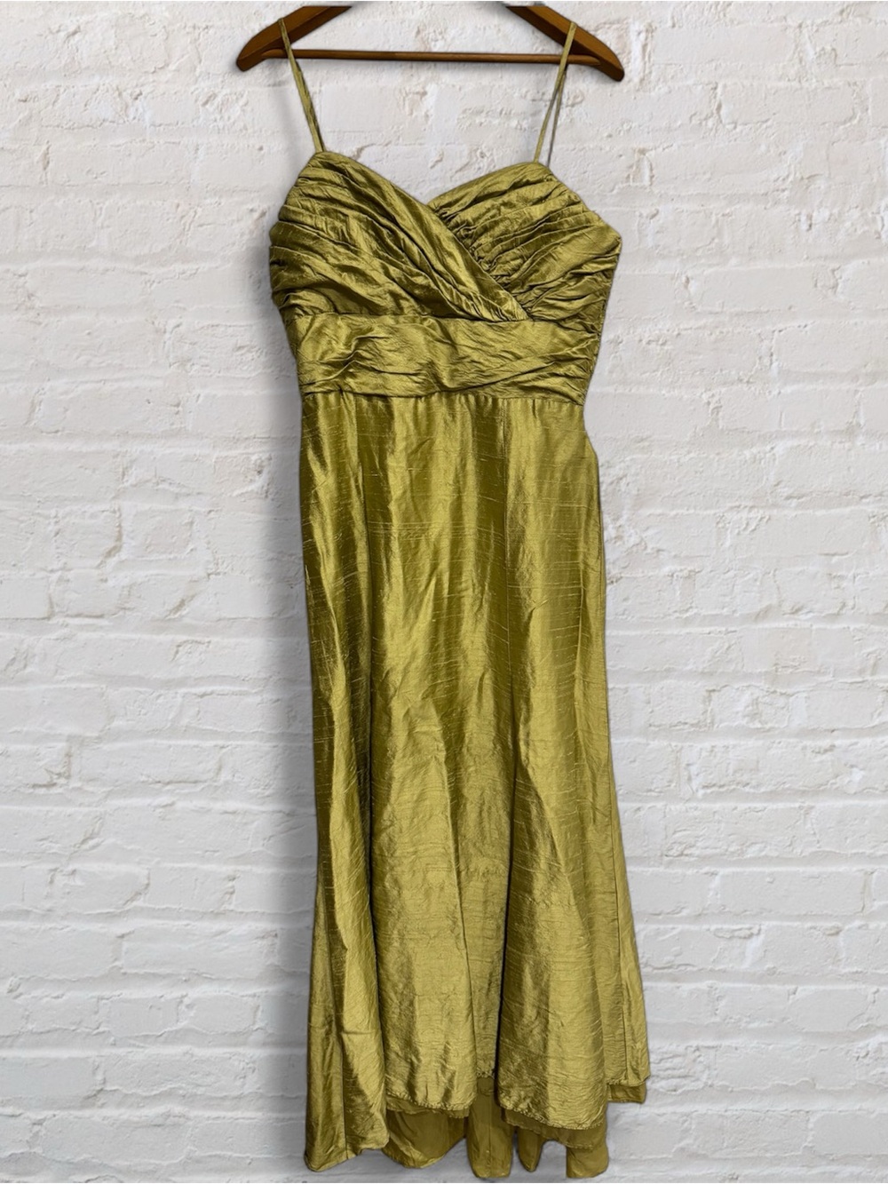 Vintage 90s Silk Dupioni Olive Green Formal Dress Full-Length Watters & Watters
